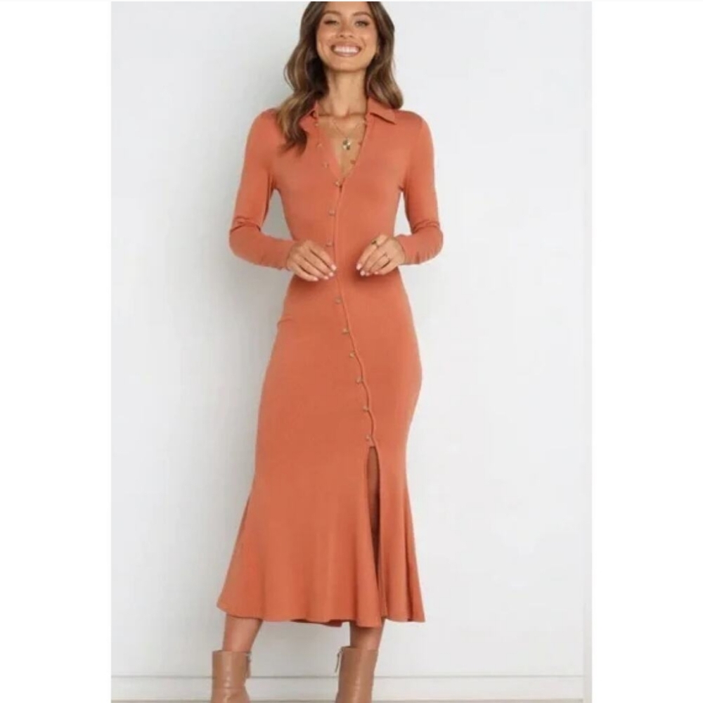 Petal + Pup 6 orange ribbed button down long sleeve dress